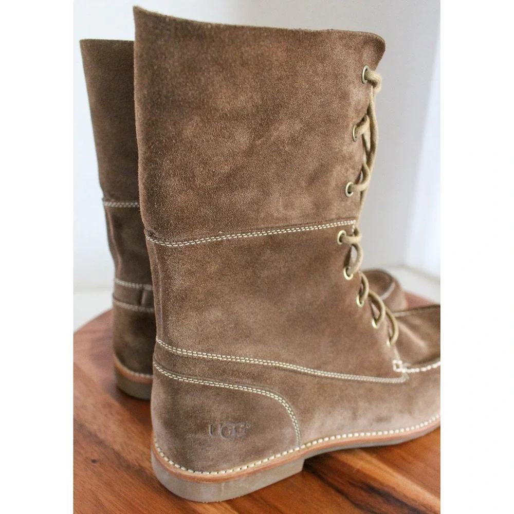 UGG Australia Lace Up Boots Mens 10 Brown Suede Moc Toe Fold Over 1001908